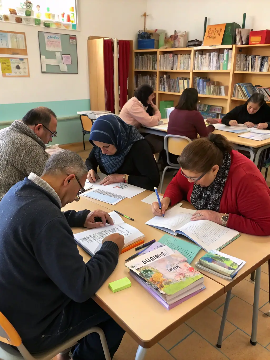 A focused image of adults utilizing computers and learning resources at an AGS-supported library, emphasizing the organization's commitment to lifelong learning.