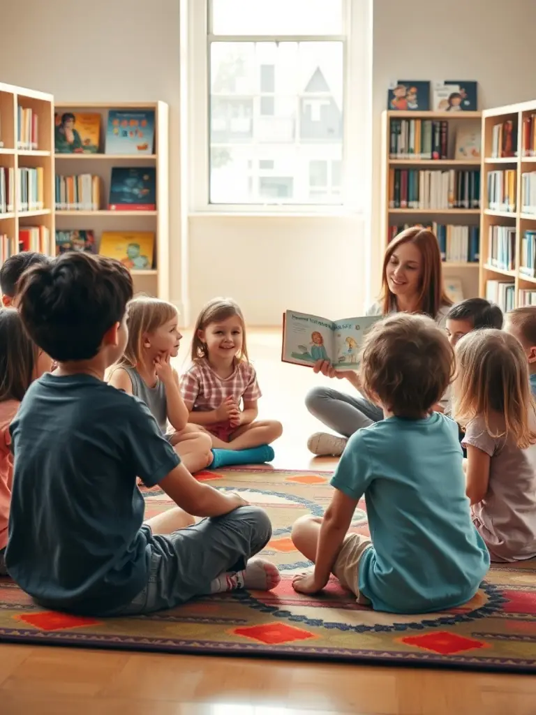 A vibrant photograph capturing children participating in a storytelling session at one of AGS's supported libraries, showcasing their engagement and enjoyment.