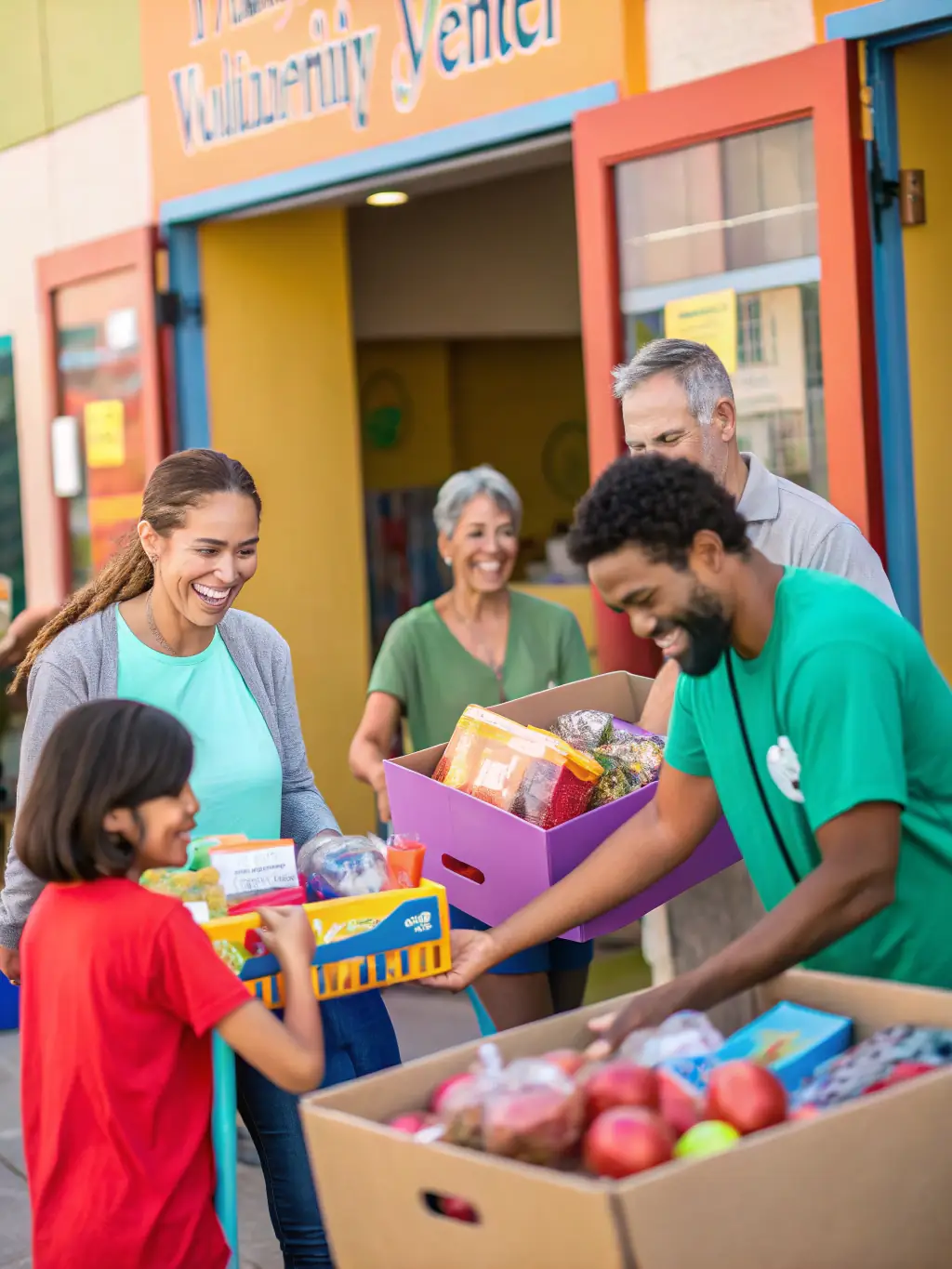 A heartwarming image of volunteers assisting a family with essential supplies at an AGS distribution event, highlighting the organization's support for families in need.