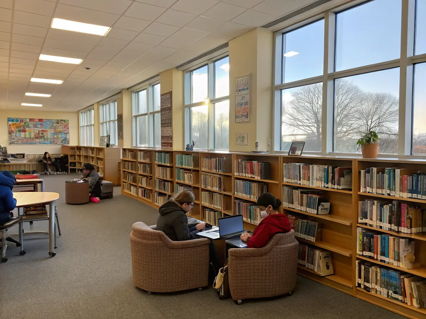 An inviting image of a well-stocked library with children and adults reading and engaging with books, highlighting AGS's commitment to literacy and lifelong learning.