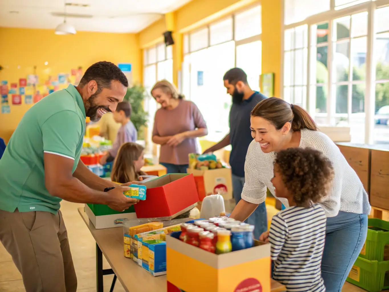A caring scene of volunteers helping families with supplies and support in a community center, illustrating AGS's dedication to family assistance programs.